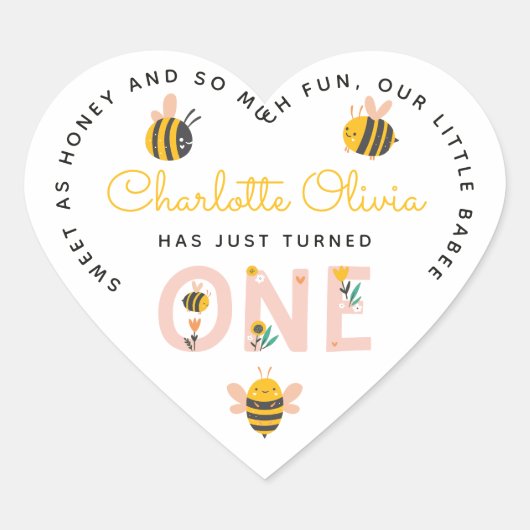 Bee Yellow & Roze Floral ONE Baby's 1ste verjaarda Hart Sticker (Voorkant)
