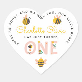 Bee Yellow & Roze Floral ONE Baby's 1ste verjaarda Hart Sticker