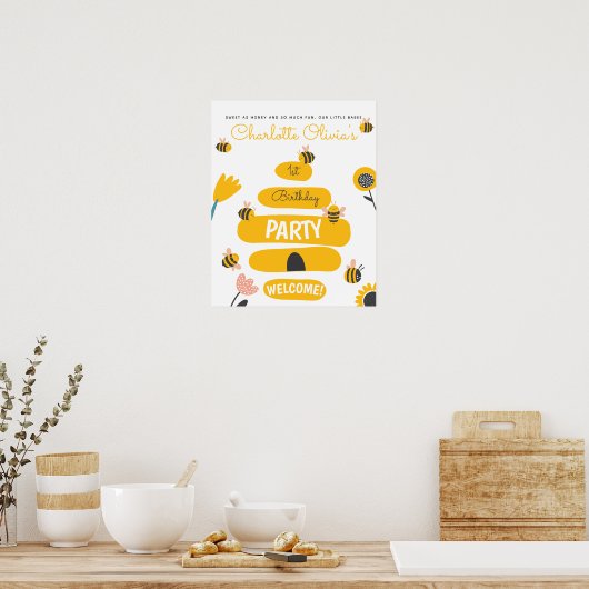 Bee Yellow & Roze Floral ONE Baby's 1ste verjaarda Poster (Keuken)