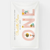 Bee Yellow & Roze Floral ONE Baby's 1ste verjaarda Spandoek (Verticaal)