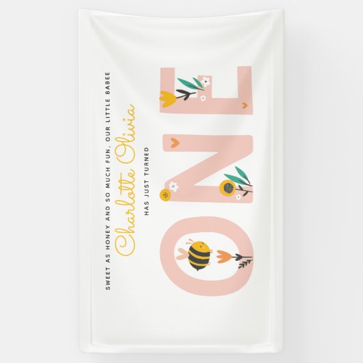 Bee Yellow & Roze Floral ONE Baby's 1ste verjaarda Spandoek (Verticaal)