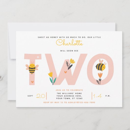 Bee Yellow & Roze Floral TWEE Baby's tweede verjaa Kaart (Voorkant)