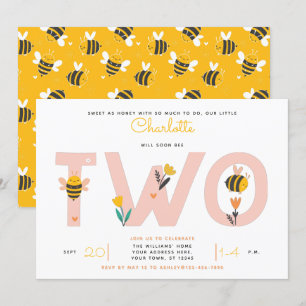 Bee Yellow & Roze Floral TWEE Baby's tweede verjaa Kaart