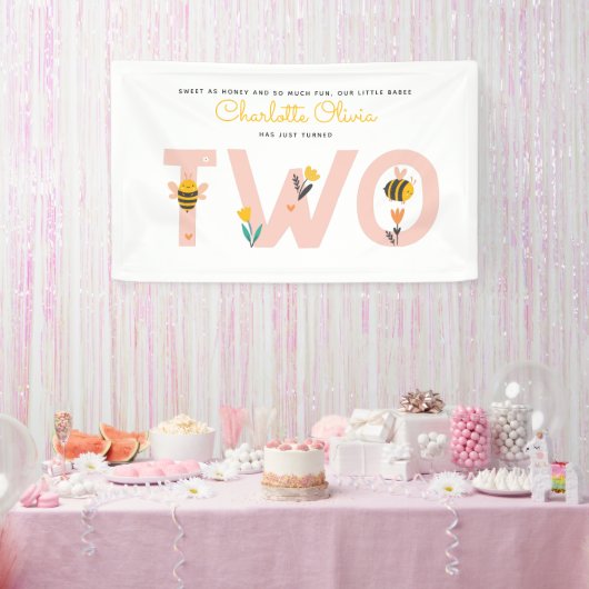 Bee Yellow & Roze Floral TWEE Baby's tweede verjaa Spandoek (Feest)