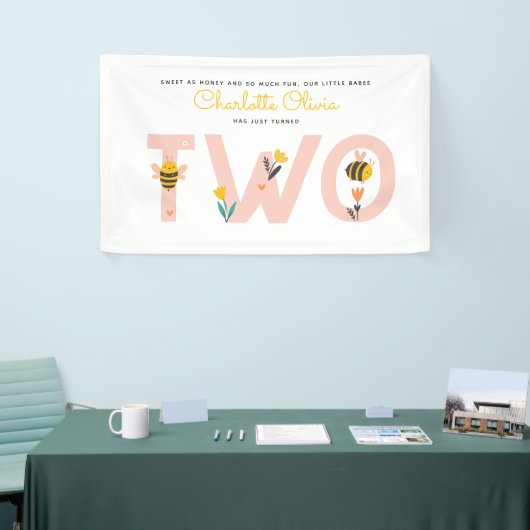Bee Yellow & Roze Floral TWEE Baby's tweede verjaa Spandoek (Beurs)