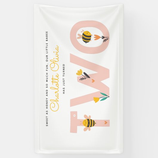 Bee Yellow & Roze Floral TWEE Baby's tweede verjaa Spandoek (Verticaal)