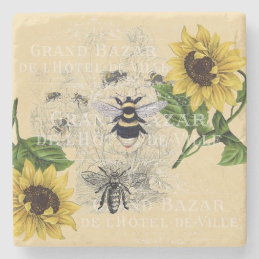  Bee Zonnebloem Cream Natuur Stone Onderzetter (Voorkant)