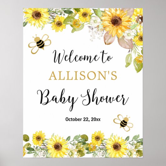 Bee zonnebloemen geel baby shower Welkomstbord Poster (Voorkant)