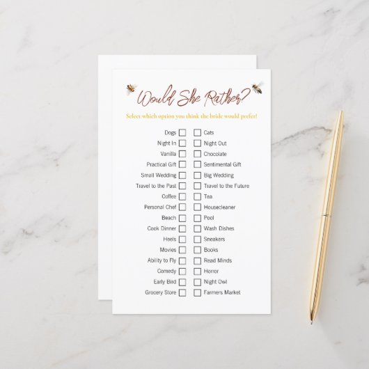 Bee "zou ze liever" Vrijgezellenfeest spel (Voorkant / Achterkant in situ)