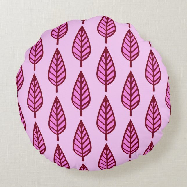 Beech blad patroon - roze en bordeauxrood rond kussen (Achterkant)