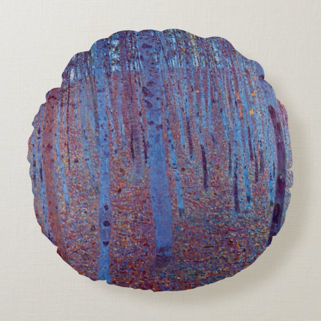 Beech Forest van Gustav Klimt,  Art Nouveau Rond Kussen (Voorkant)