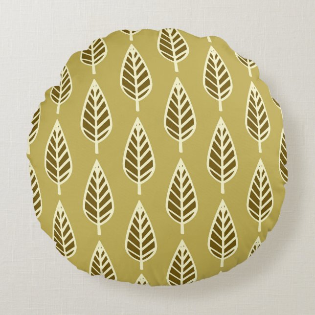 Beech leaf-patroon - Camel tan en bruin Rond Kussen (Voorkant)