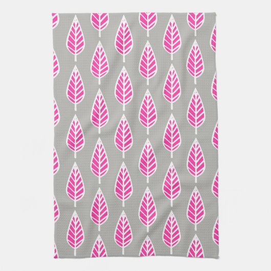 Beech leaf-patroon - Fuchsia roze en zilver Theedoek (Verticaal)