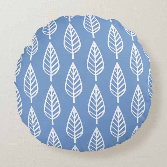 Beech leaf-patroon — Hemelblauw en wit Rond Kussen (Voorkant)