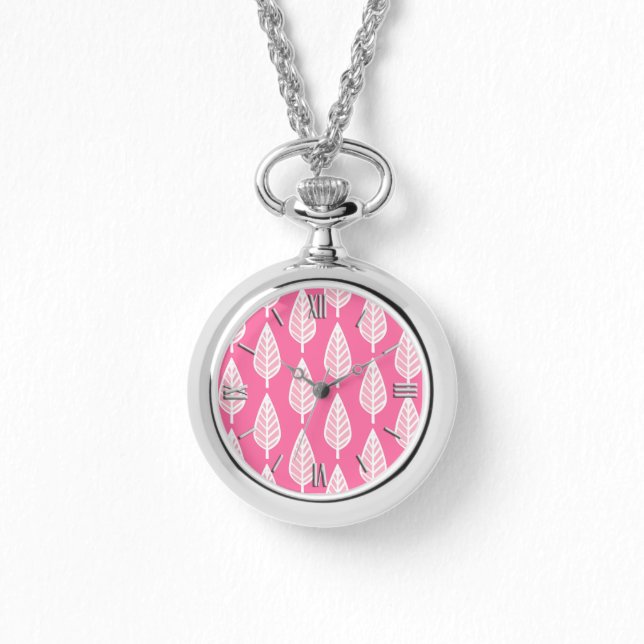 Beech leaf-patroon - Hot-roze en white Horloge (Voorkant)