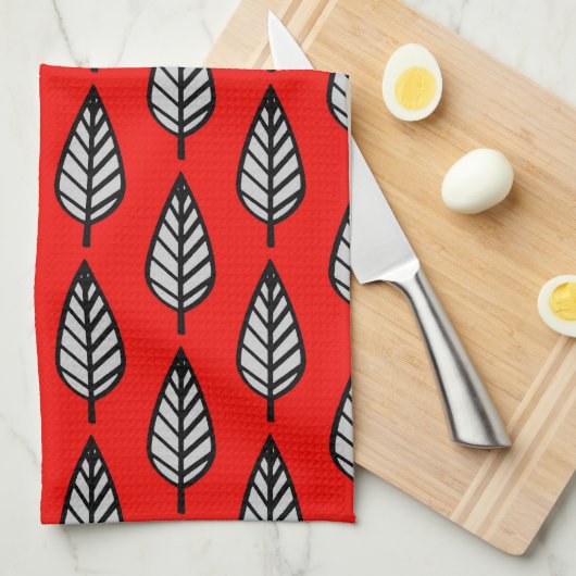 Beech leaf-patroon - rood, zwart en grijs / grijs theedoek (Quarter Fold)