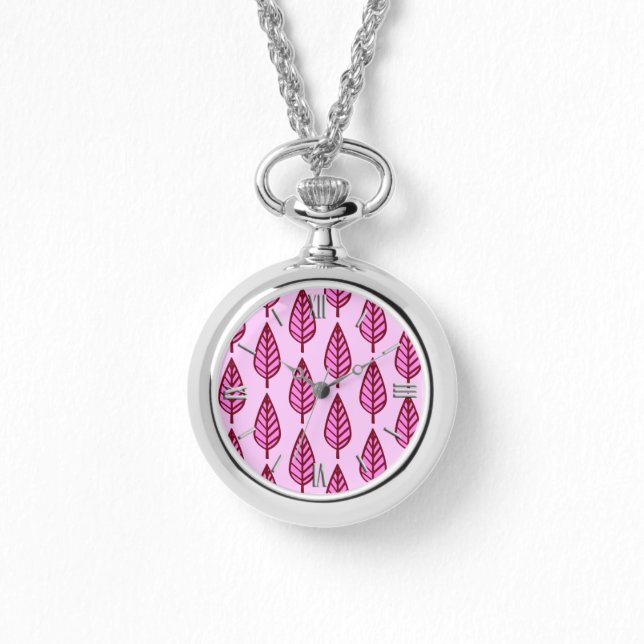 Beech leaf-patroon - roze en Bourgogne Horloge (Voorkant)