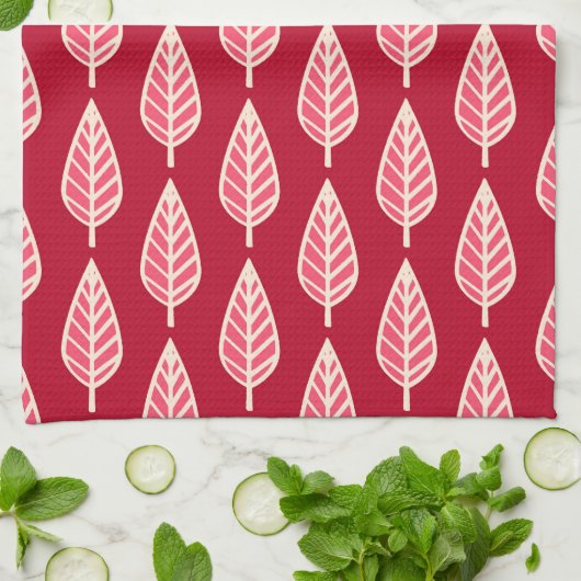 Beech leaf-patroon - Ruby red en crème Theedoek (Gevouwen)