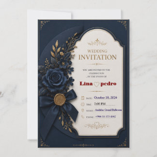 Beeditbaar Blauw & Goud Trouwuitnodiging Template Kaart