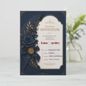 Beeditbaar Blauw & Goud Trouwuitnodiging Template Kaart (Staand voorkant)