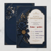 Beeditbaar Blauw & Goud Trouwuitnodiging Template Kaart (Voorkant / Achterkant)