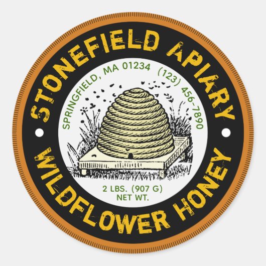 Beehive Apiary Name Dark Amber Honey Jar Stickers (Voorkant)