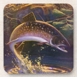 beekforel vis visser, sport Gevist Onderzetter<br><div class="desc">Prachtig  illustratievisontwerp voor de visliefhebber met een visser die op beekforel vist in een lokale rivier.</div>
