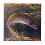 beekforel vis visser, sport Gevist Tegeltje<br><div class="desc">Prachtig  illustratievisontwerp voor de visliefhebber met een visser die op beekforel vist in een lokale rivier.</div>