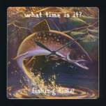 beekforel vis visser, sport Gevist Vierkante Klok<br><div class="desc">Prachtig  illustratievisontwerp voor de visliefhebber met een visser die op beekforel vist in een lokale rivier.</div>