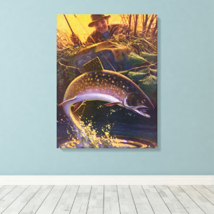 Beekforel Visser, Vintage Sportvisserij Canvas Afdruk