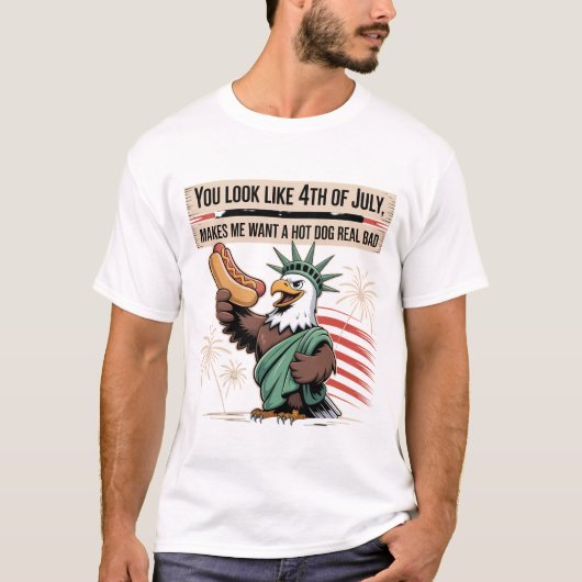 Beeld Eagle Hot Dog 4 juli Grappige kunst T-shirt (Voorkant)