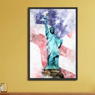 Beeld van de Vrijheid met vlag aquarel Poster