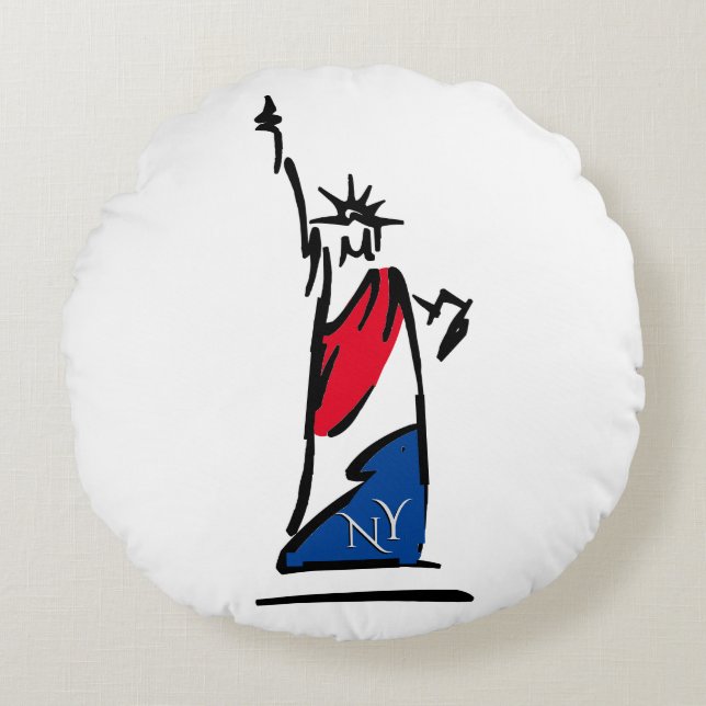 Beeld van de Vrijheid NY Rood Wit en Blauw Rond Kussen (Voorkant)