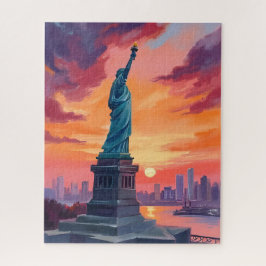 Beeld van de Vrijheid NYC Silhouet Zonsondergang A Legpuzzel