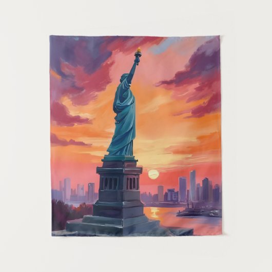 Beeld van de Vrijheid NYC Silhouet Zonsondergang A Wandkleed (Voorkant)