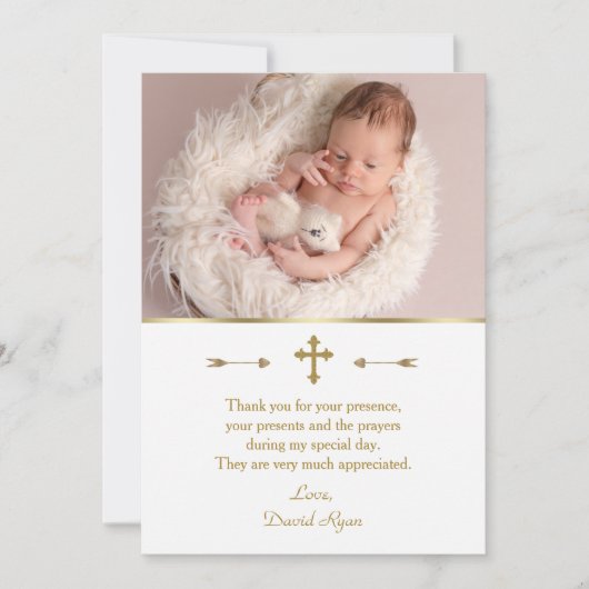 Beeldige babyfoto gouden kruis doop bedankkaart (Voorkant)