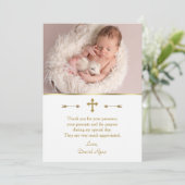 Beeldige babyfoto gouden kruis doop bedankkaart (Staand voorkant)