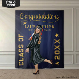 Beeldige marineblauwe & gouden afstudeerfoto-achte wandkleed