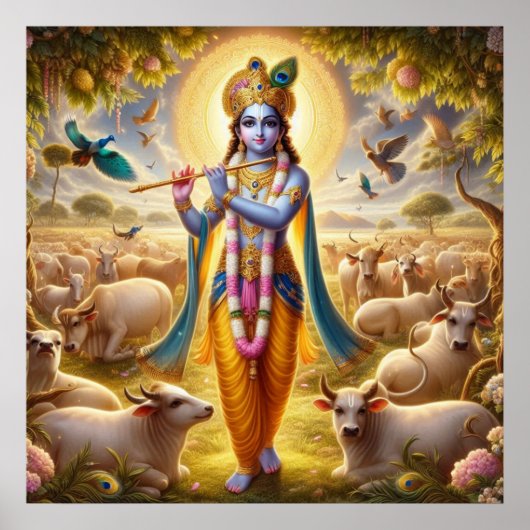 Beeldschone blauwe pastorale Gopala Krishna-kunst Poster (Voorkant)