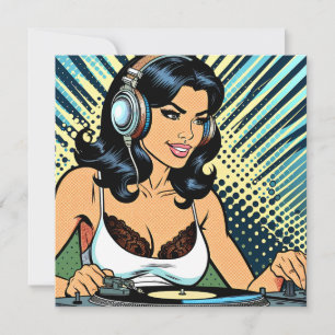 Beeldschone vrouwelijke dj die popart maakt feestdagenkaart