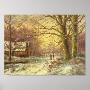 Beeldt op een pad voor een dorp in de winter poster