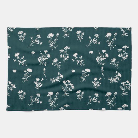 Beemdweide, verfijnd bloempatroon - blauwgroen theedoek (Horizontaal)