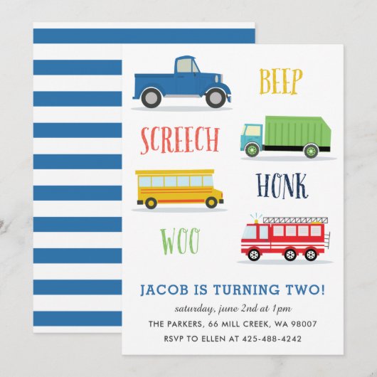 Beep Vroom Woo Truck - verjaardagsfeest van het Ki Kaart (Voorkant / Achterkant)