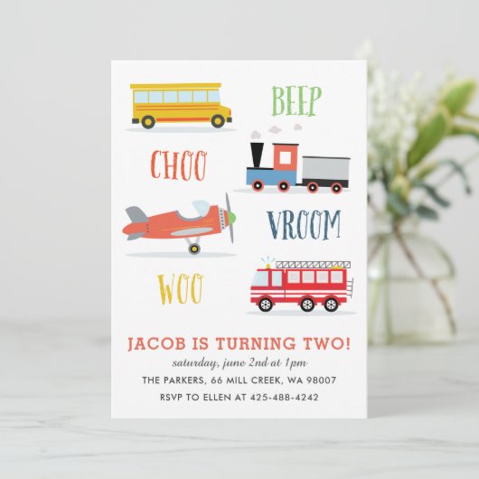 Beep Vroom Woo verjaardagsfeest Kind Rode Uitnodig Kaart (Staand voorkant)