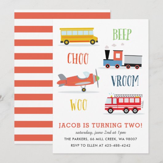 Beep Vroom Woo verjaardagsfeest Kind Rode Uitnodig Kaart (Voorkant / Achterkant)