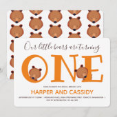 Beer 1 Cute Animal Twins First Birthday Kaart (Voorkant / Achterkant)