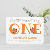 Beer 1 Cute Animal Twins First Birthday Kaart (Staand voorkant)