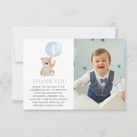 Beer 1e verjaardag Beer Blauwe Ballon Foto Plat Bedankkaart (Voorkant)