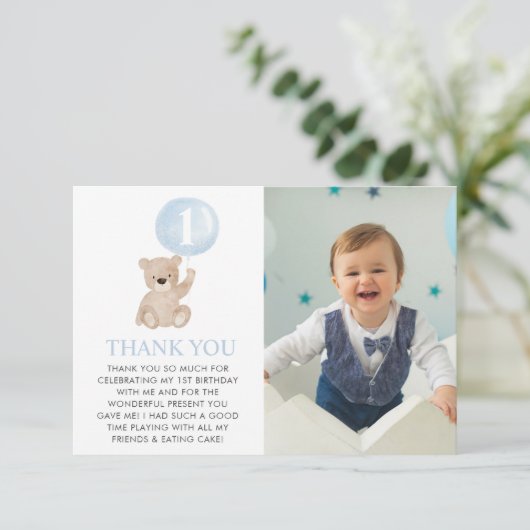 Beer 1e verjaardag Beer Blauwe Ballon Foto Plat Bedankkaart (Staand voorkant)