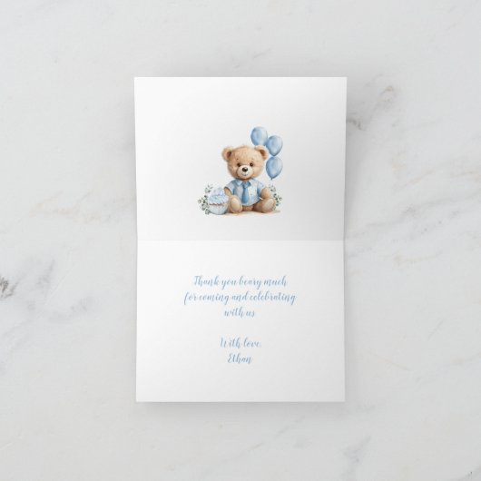 Beer 1e verjaardag blauw nummer ballonnen teddybee bedankkaart (Binnen)